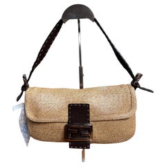 Fendi Baguette Raffia Straw Beige and Brown Leather Shoulder Bag
