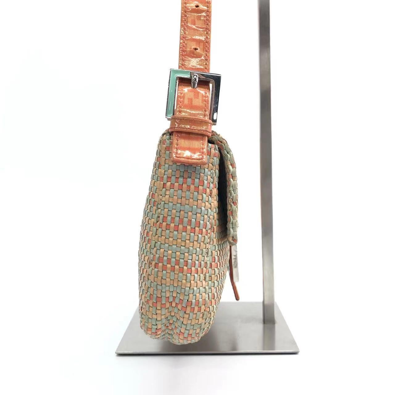Brown Fendi Baguette Raffia Straw Multicolor Shoulder Bag