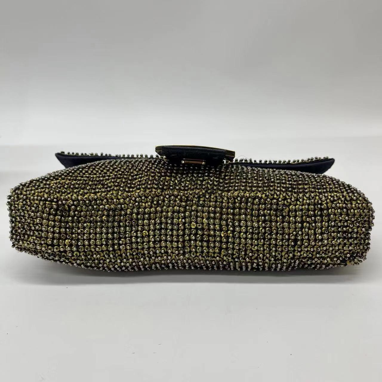 Black Fendi Baguette Rare Vintage Gold Metallic Beaded Snake-skin Trimmed Shoulder Bag