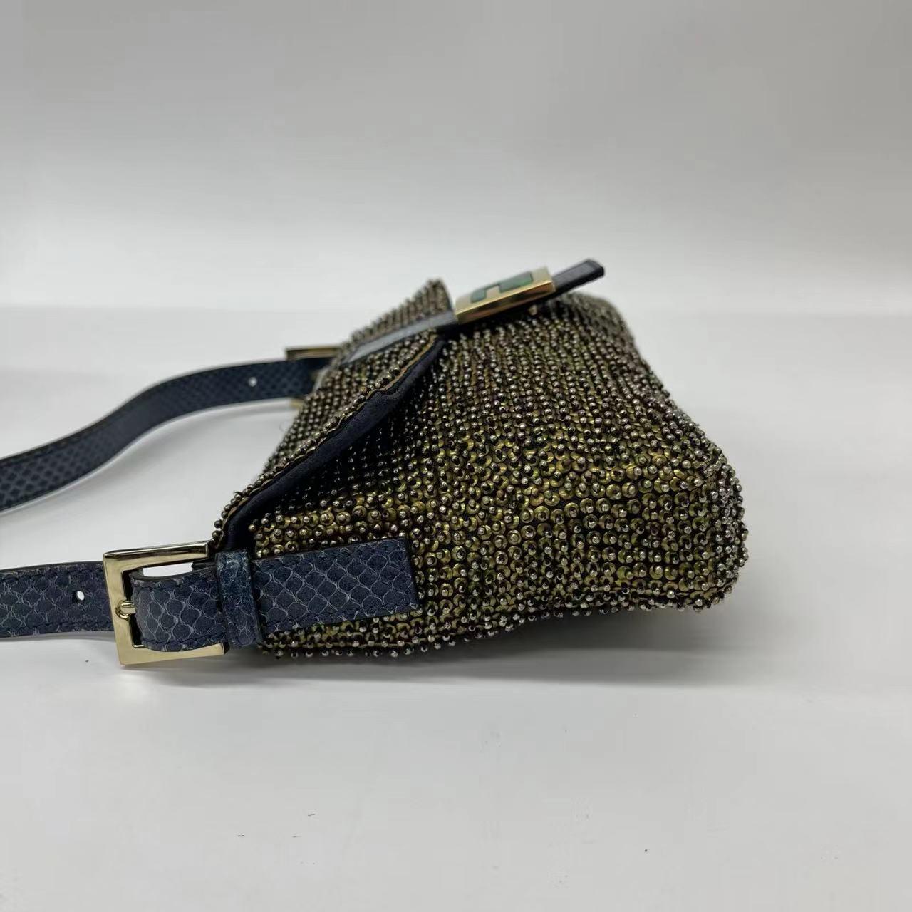 Women's Fendi Baguette Rare Vintage Gold Metallic Beaded Snake-skin Trimmed Shoulder Bag
