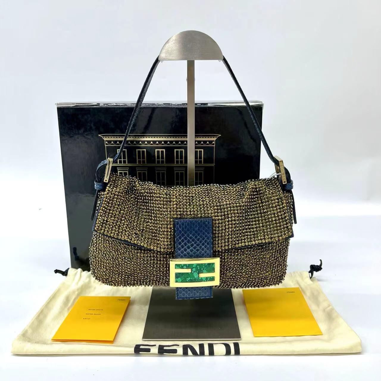 Fendi Baguette Rare Vintage Gold Metallic Beaded Snake-skin Trimmed Shoulder Bag 1