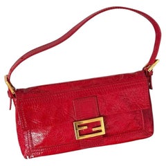 FENDI Baguette Red Crinkled Patent Leather Shoulder Bag
