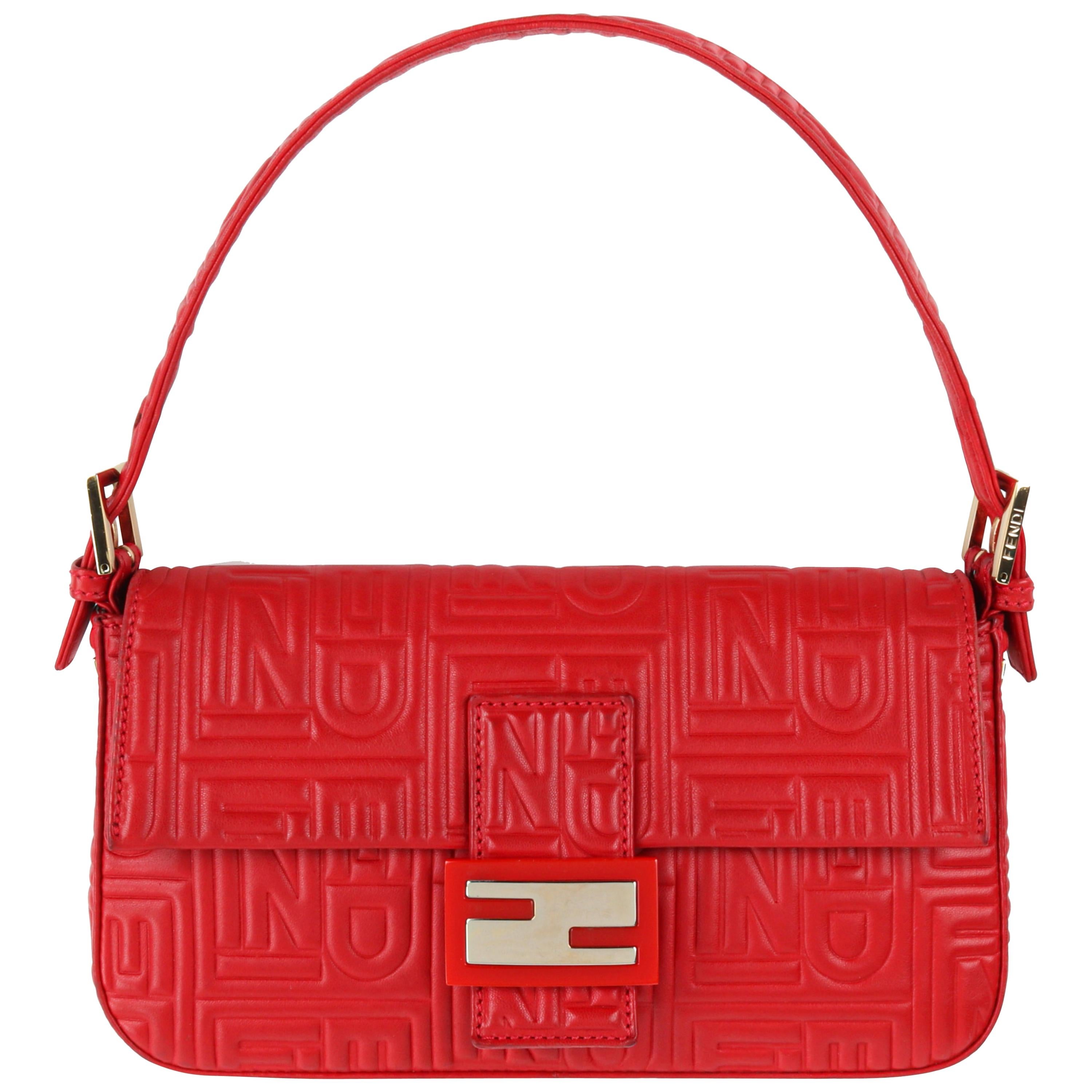 FENDI “Baguette” Red Gold Nappa Leather Quilted Embossed Logo Flap Top Handbag