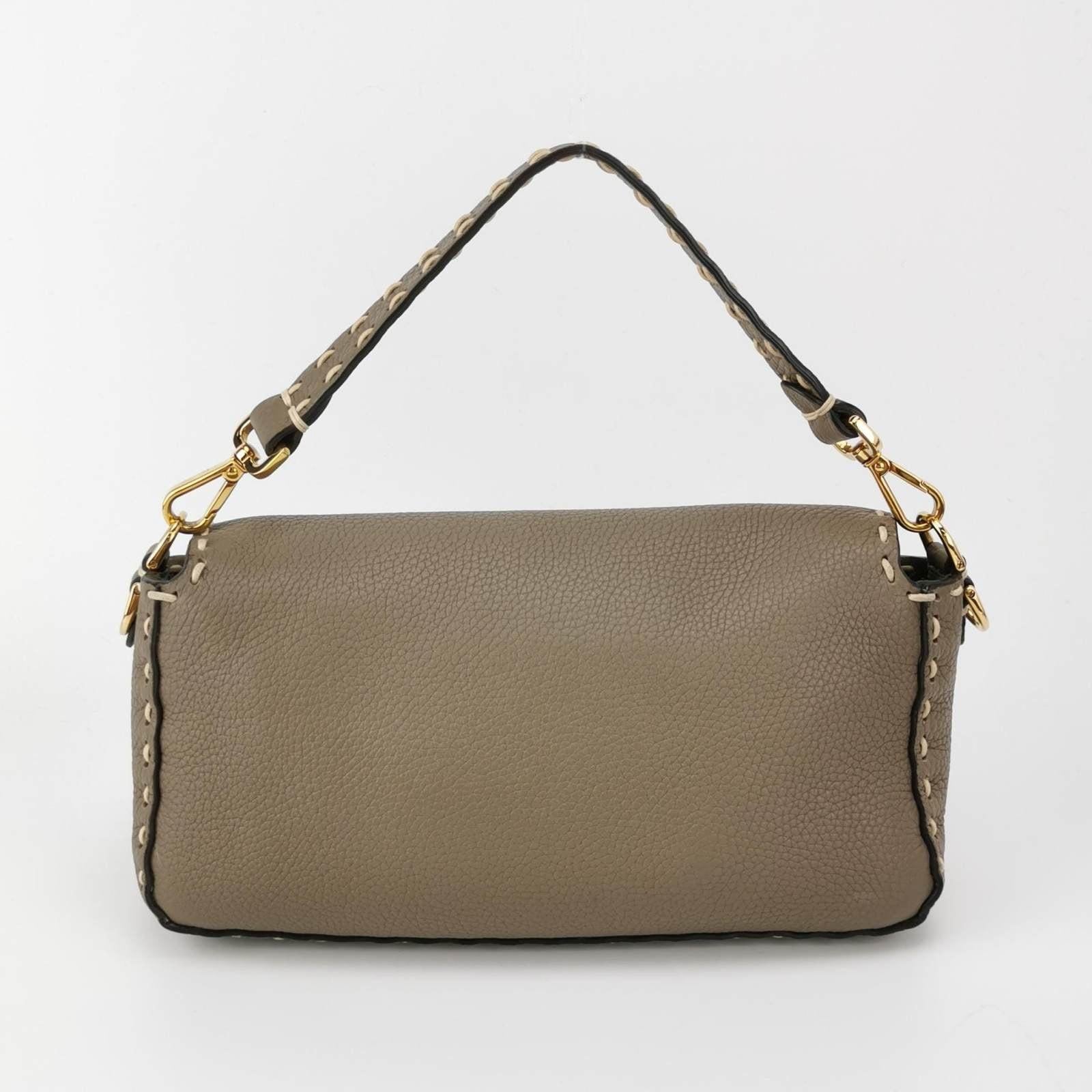Fendi Baguette Selleria Calfskin Leather Crossbody Bag Medium Grey Beige 2