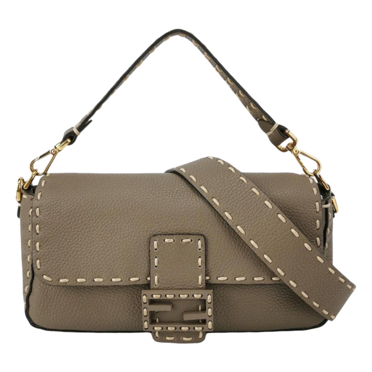Fendi Baguette Selleria Calfskin Leather Crossbody Bag Medium Grey Beige