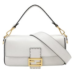 Fendi Baguette Selleria Medium White Calfskin Leather Crossbody Bag