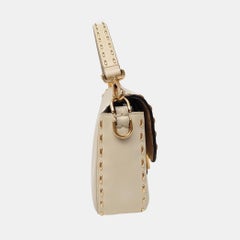 Fendi Baguette Selleria Medium White Calfskin Leather Gold Studs Crossbody Bag