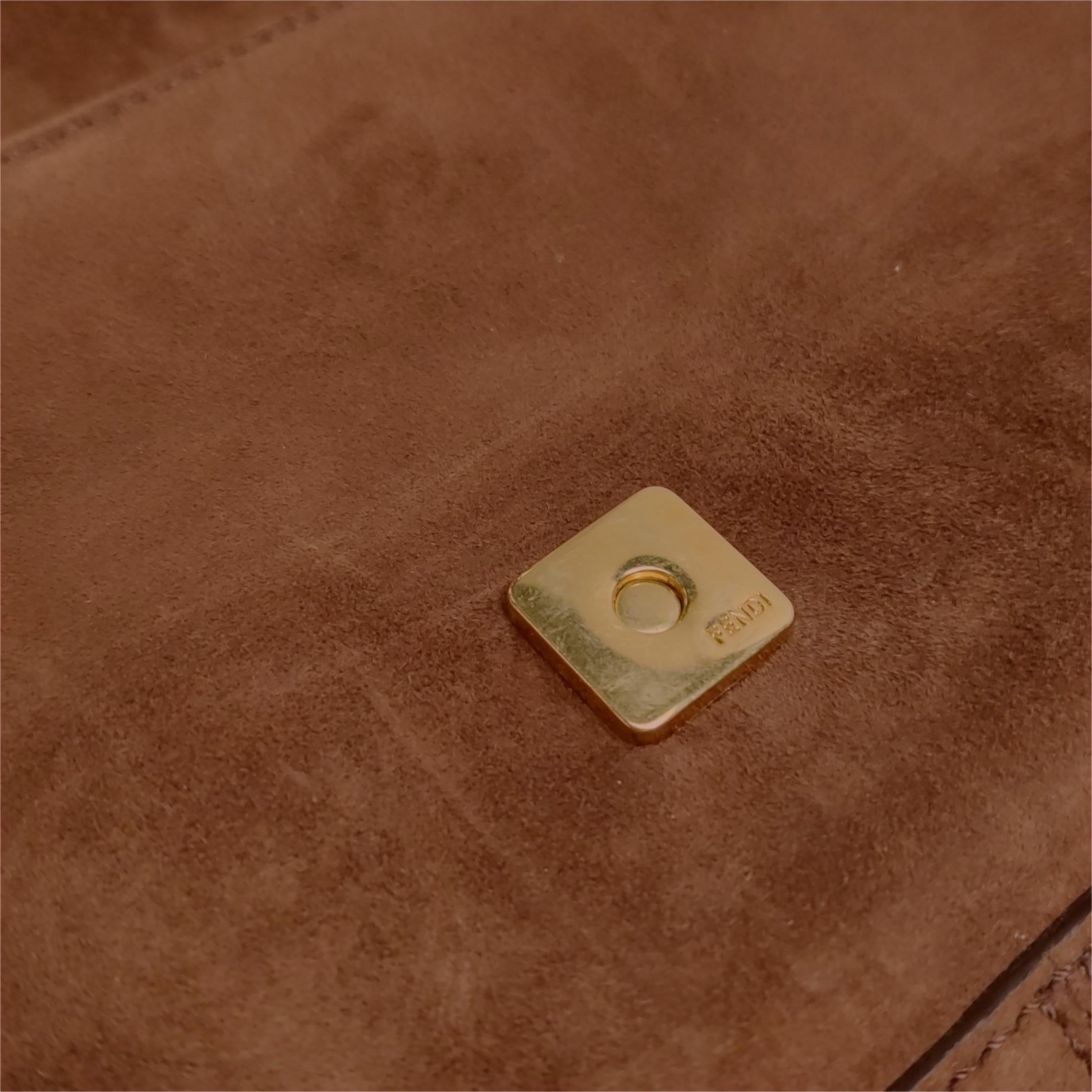 Fendi Baguette Selleria Suede Leather Crossbody Bag Large Caramel Tan 5