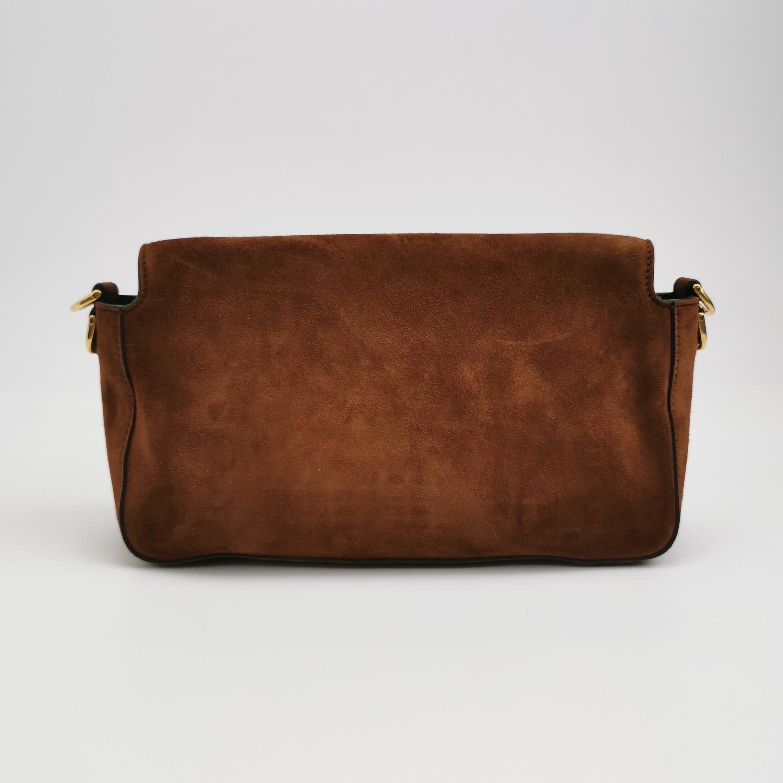 Brown Fendi Baguette Selleria Suede Leather Crossbody Bag Large Caramel Tan