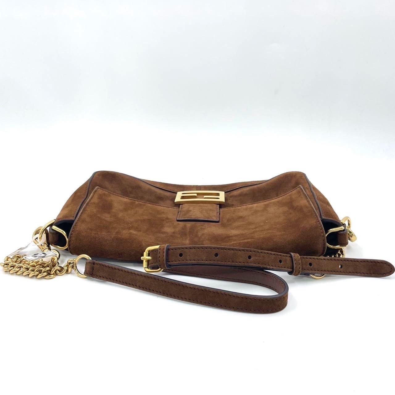 Women's Fendi Baguette Selleria Suede Leather Crossbody Bag Medium Caramel Tan