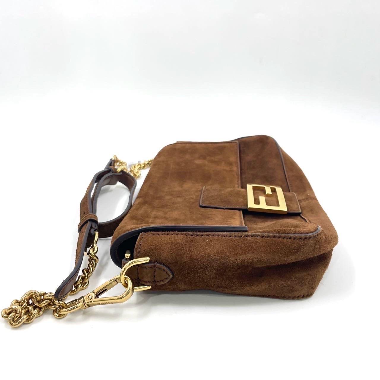 Fendi Baguette Selleria Suede Leather Crossbody Bag Medium Caramel Tan 1