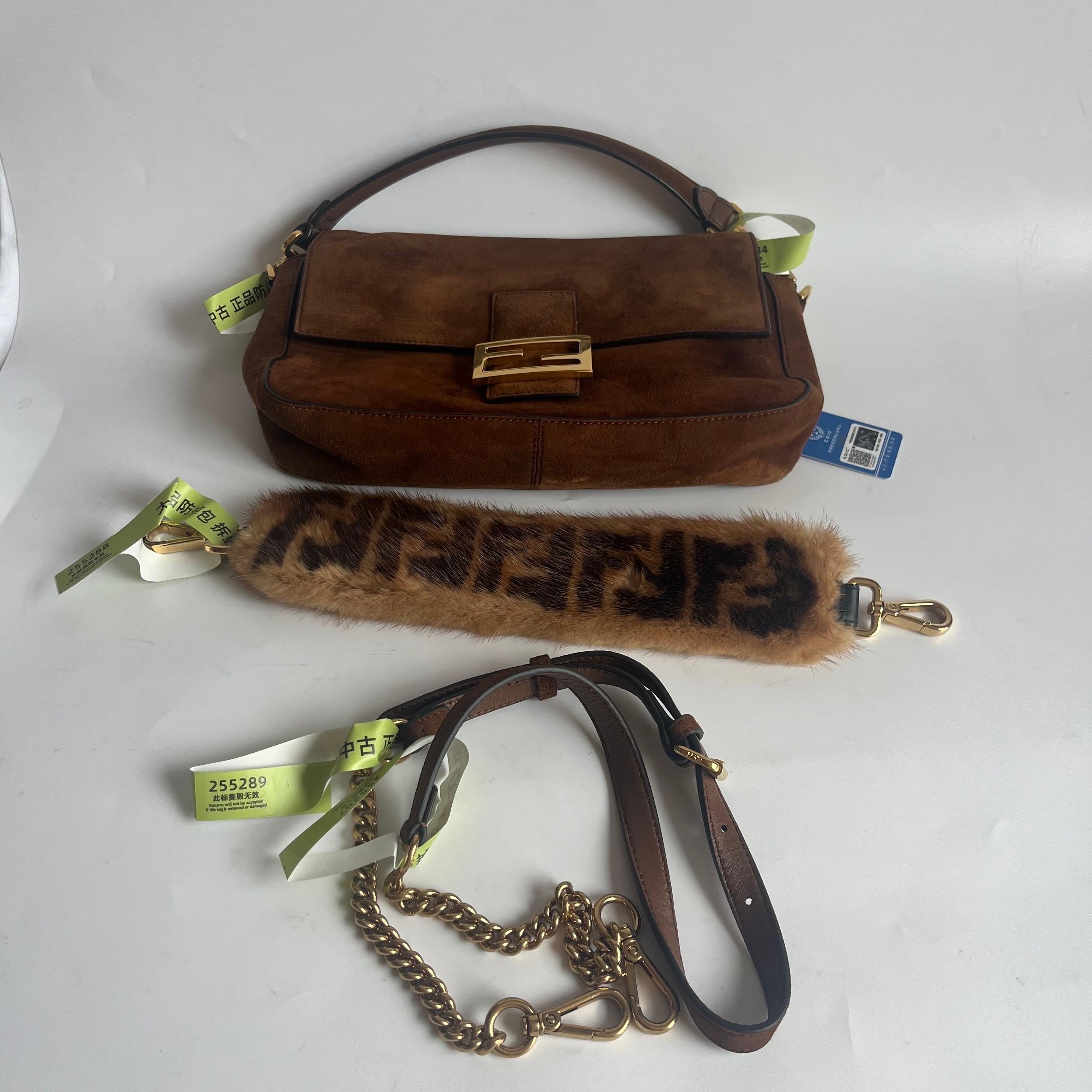 Fendi Baguette Selleria Suede Leather Crossbody Bag Medium Caramel Tan For Sale 15