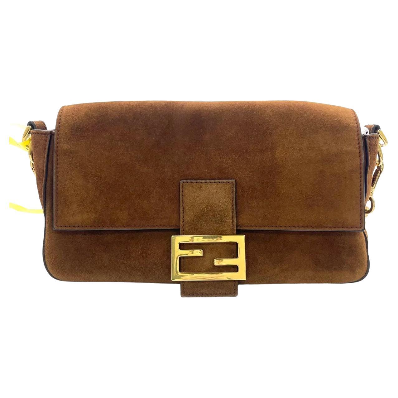 Fendi Baguette Selleria Suede Leather Crossbody Bag Medium Caramel Tan