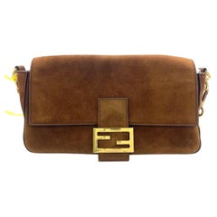 Fendi Baguette Selleria Suede Leather Crossbody Bag Medium Caramel Tan