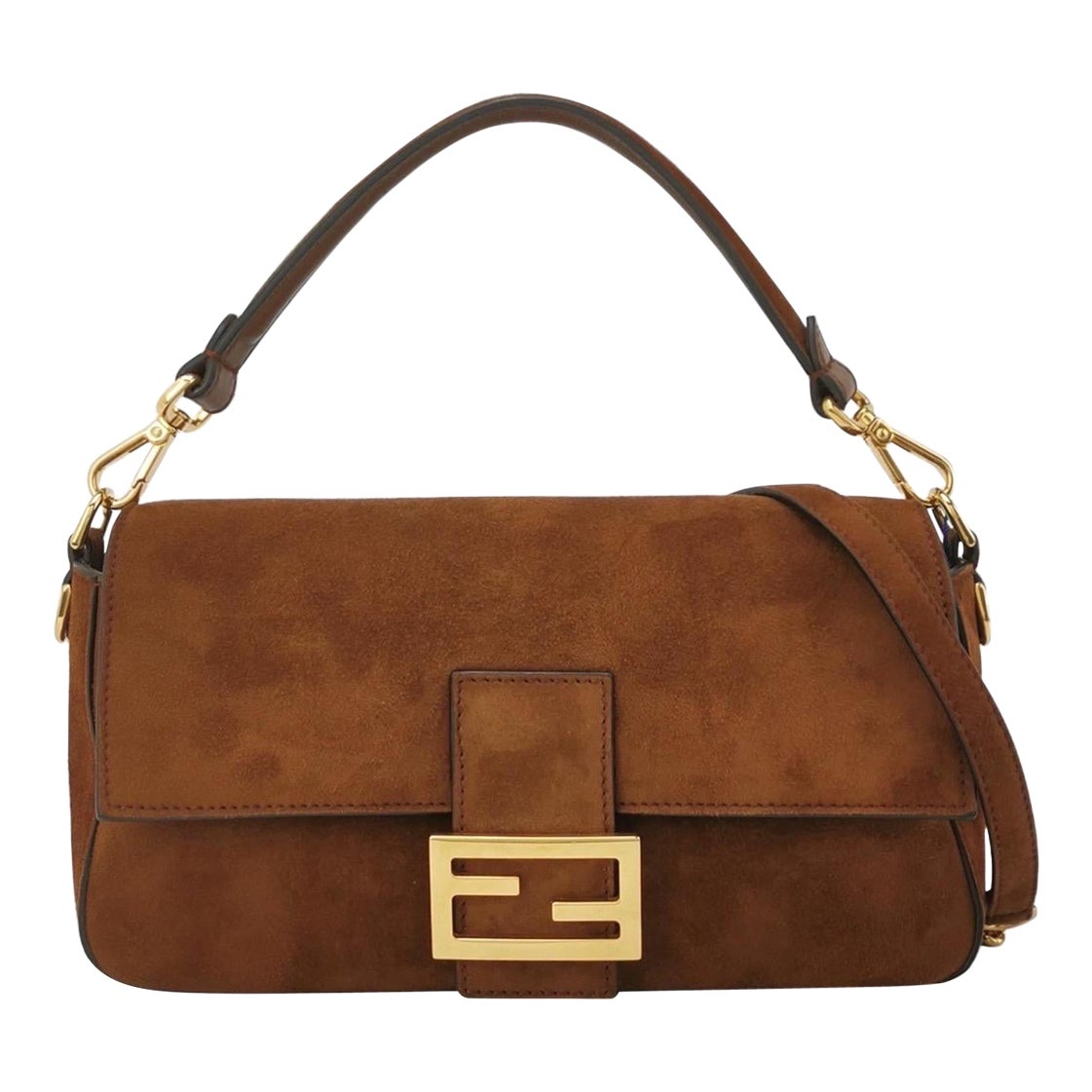 Fendi Baguette Selleria Suede Leather Crossbody Bag Medium Caramel Tan