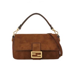 Fendi Baguette Selleria Suede Leather Crossbody Bag Medium Caramel Tan