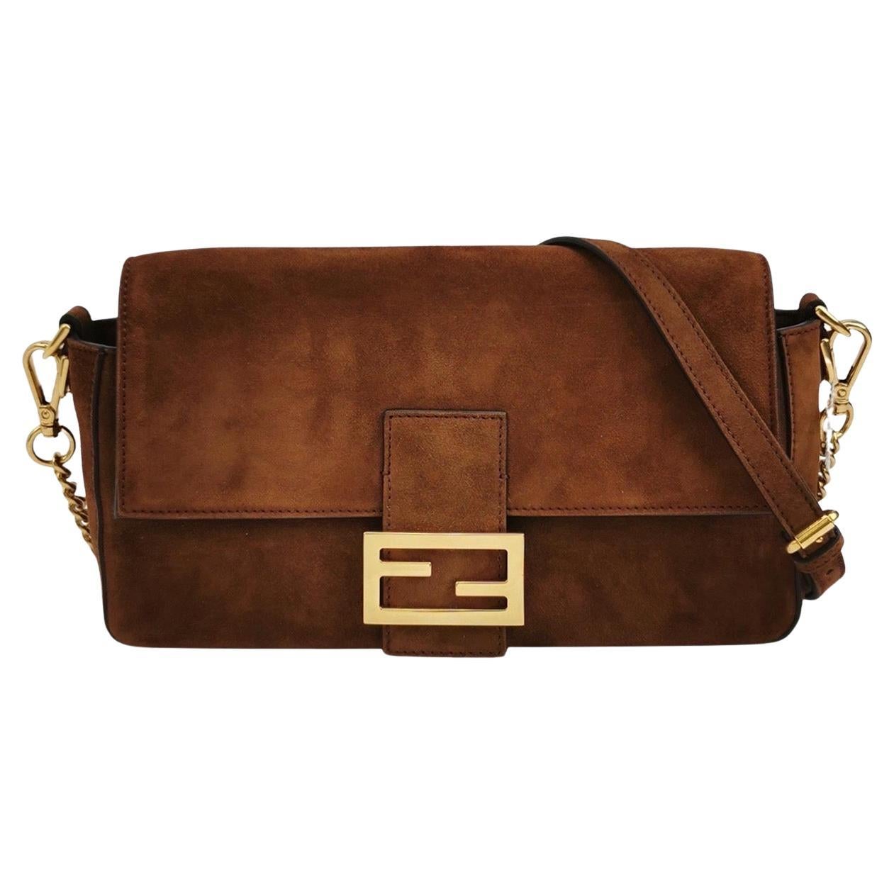 Fendi Baguette Selleria Suede Leather Crossbody Bag Medium Caramel Tan