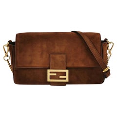Fendi Baguette Selleria Suede Leather Crossbody Bag Medium Caramel Tan