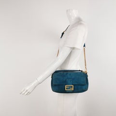 Fendi Baguette Selleria Suede Leather Crossbody Bag Medium Teal Blue