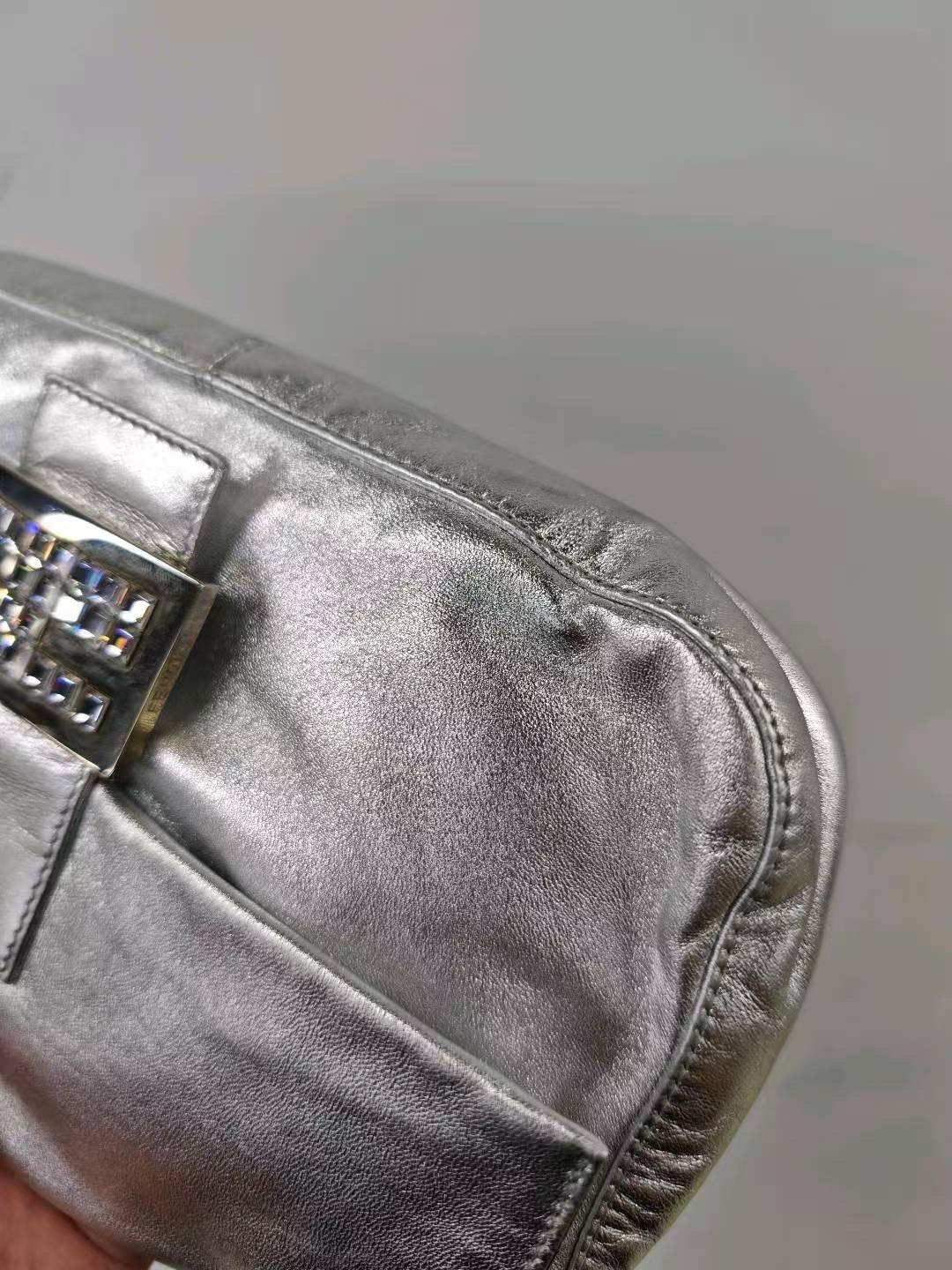 FENDI Baguette Silver Lambskin Leather Crystal Buckle Shoulder Bag For Sale 15