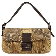 FENDI Baguette Silver Logo Brown Black Nude Python Exotic Leather Shoulder Bag 