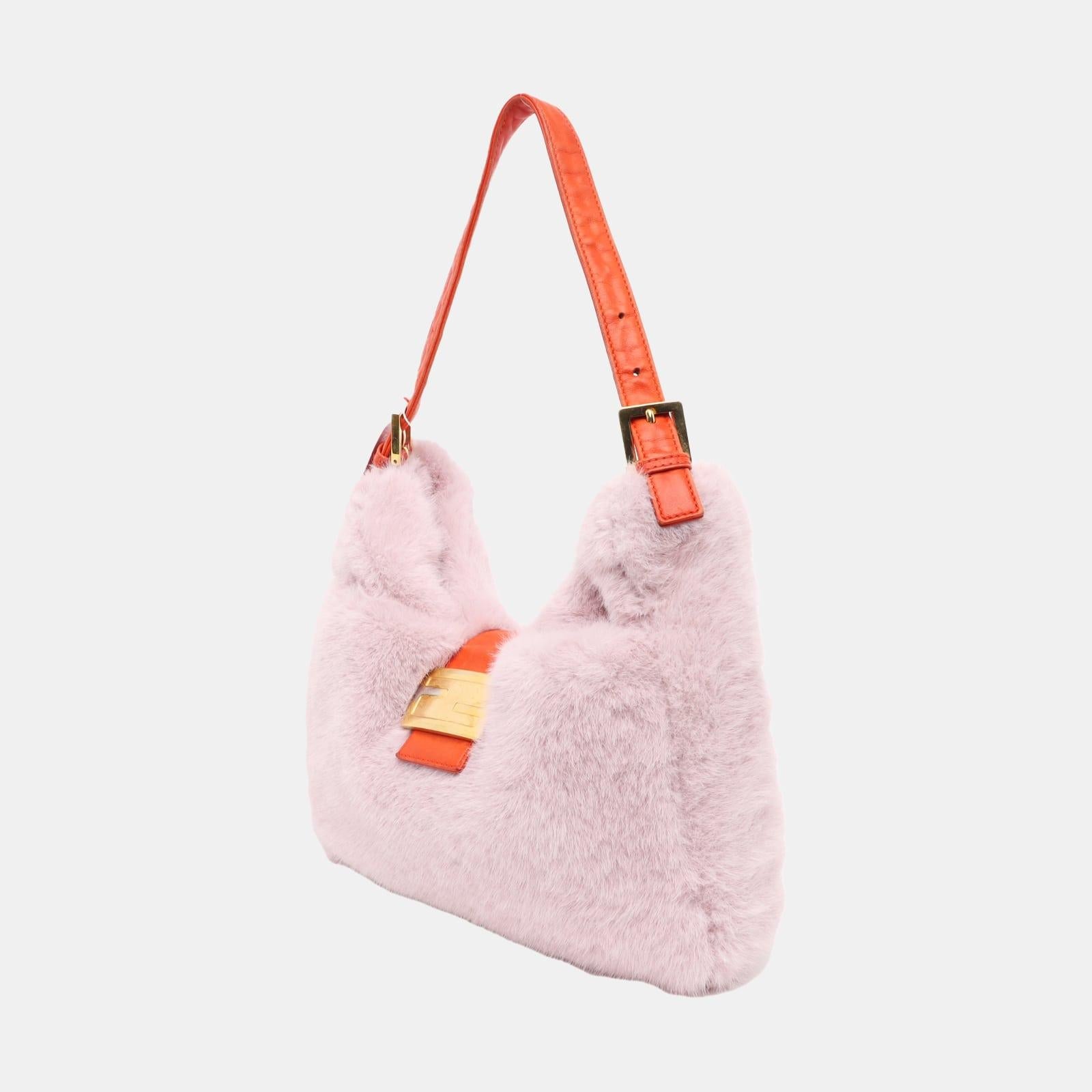 Women's Fendi Baguette Soft Fluffy Shoulder Bag Pink and Orange Leather