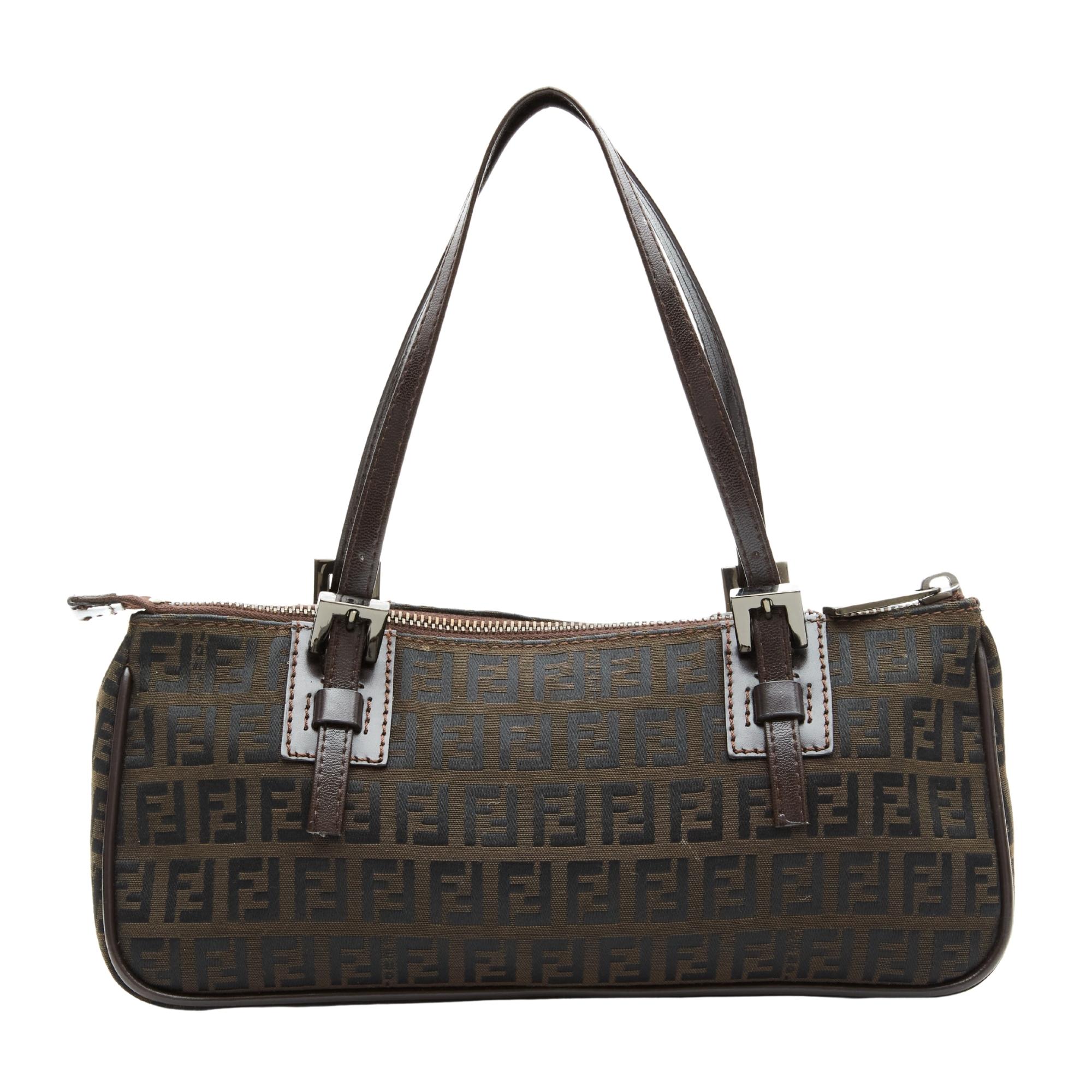 This handbag is made with brown canvas with zucca monogram embroidery throughout. The bag features leather trim, adjustable dual flat leather top handles, top zip closure and an interior zip pocket.

COLOR: Dark brown monogram Zucca
MATERIAL: Canvas