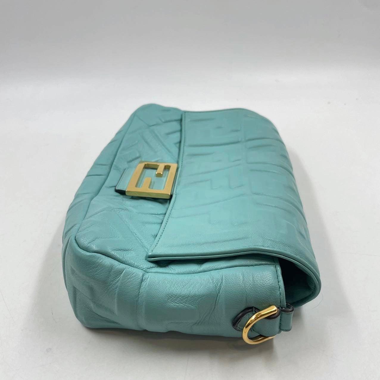 Blue FENDI Baguette Turquoise Leather 3D FF Motif Crossbody bag