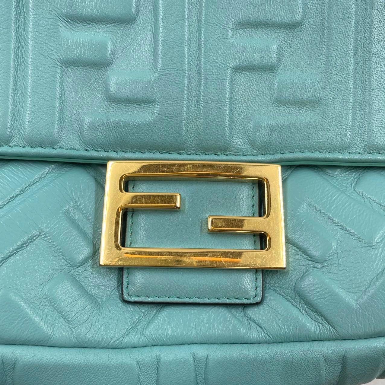 FENDI Baguette Turquoise Leather 3D FF Motif Crossbody bag 1