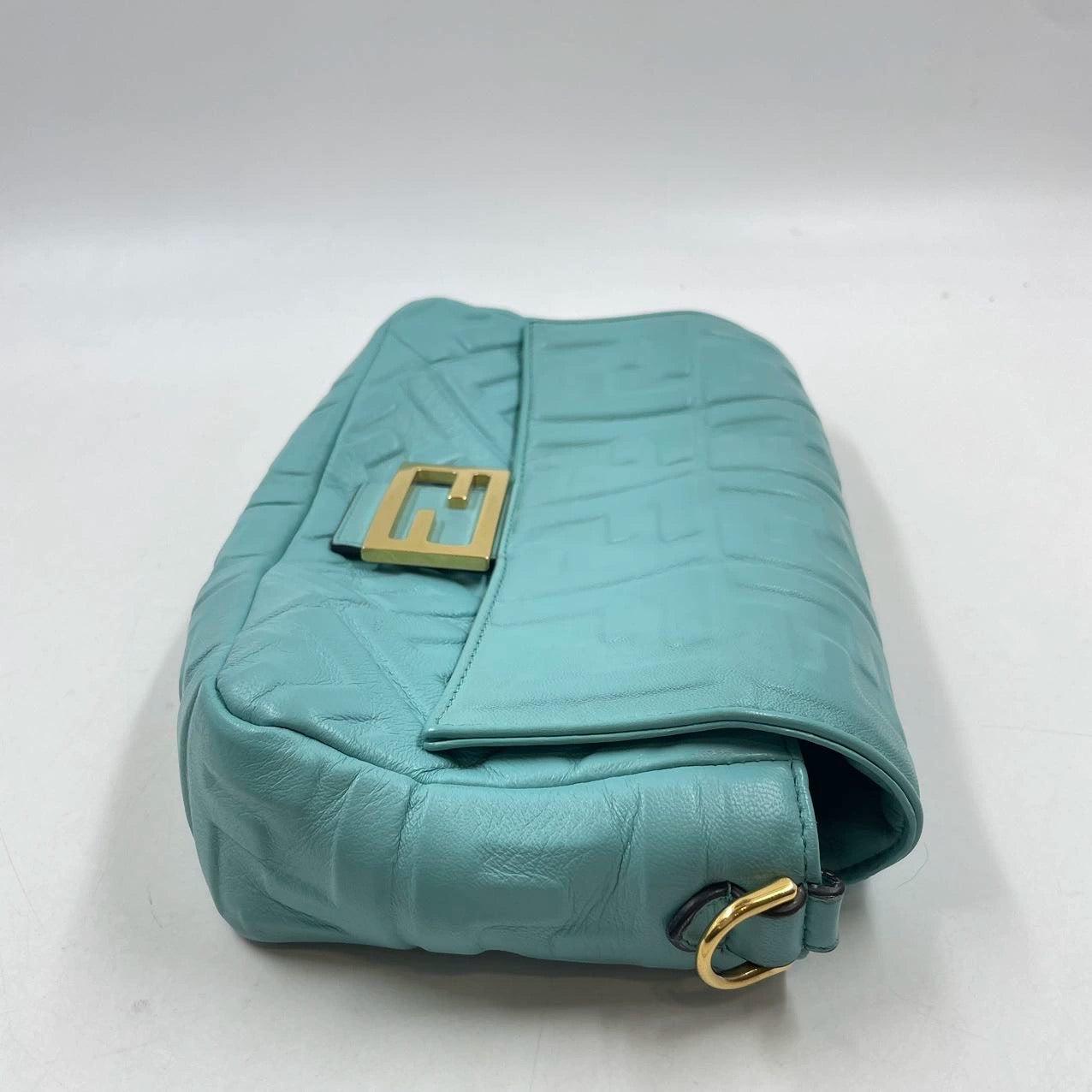 FENDI Baguette Turquoise Leather 3D FF Motif Crossbody bag 3