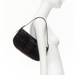FENDI Baguette Vintage black beaded FF leather buckle blue satin shoulder bag