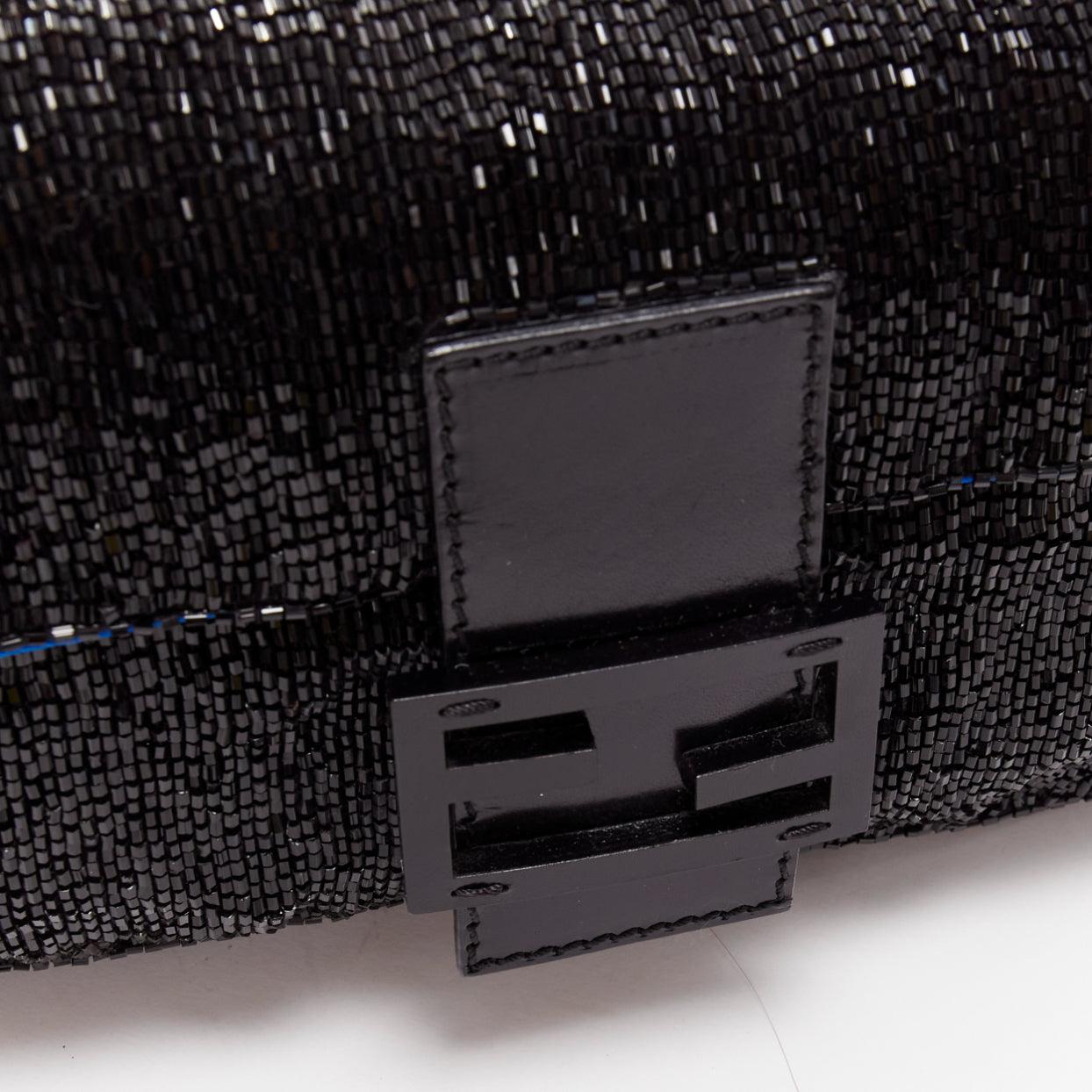 FENDI Baguette Vintage black beaded FF leather buckle blue satin shoulder bag 3