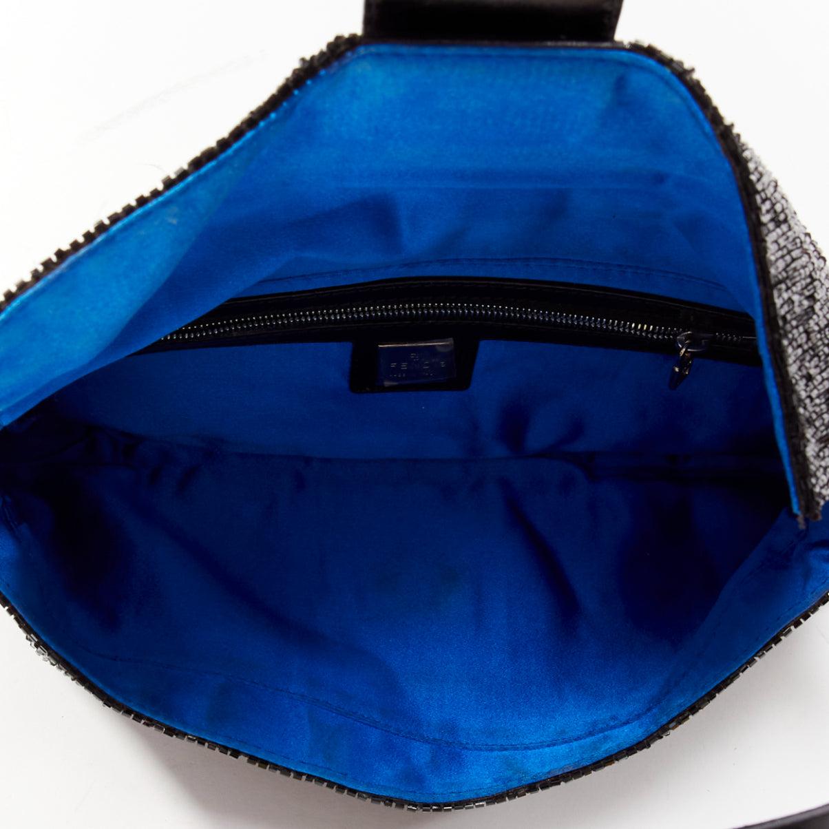 FENDI Baguette Vintage black beaded FF leather buckle blue satin shoulder bag 5