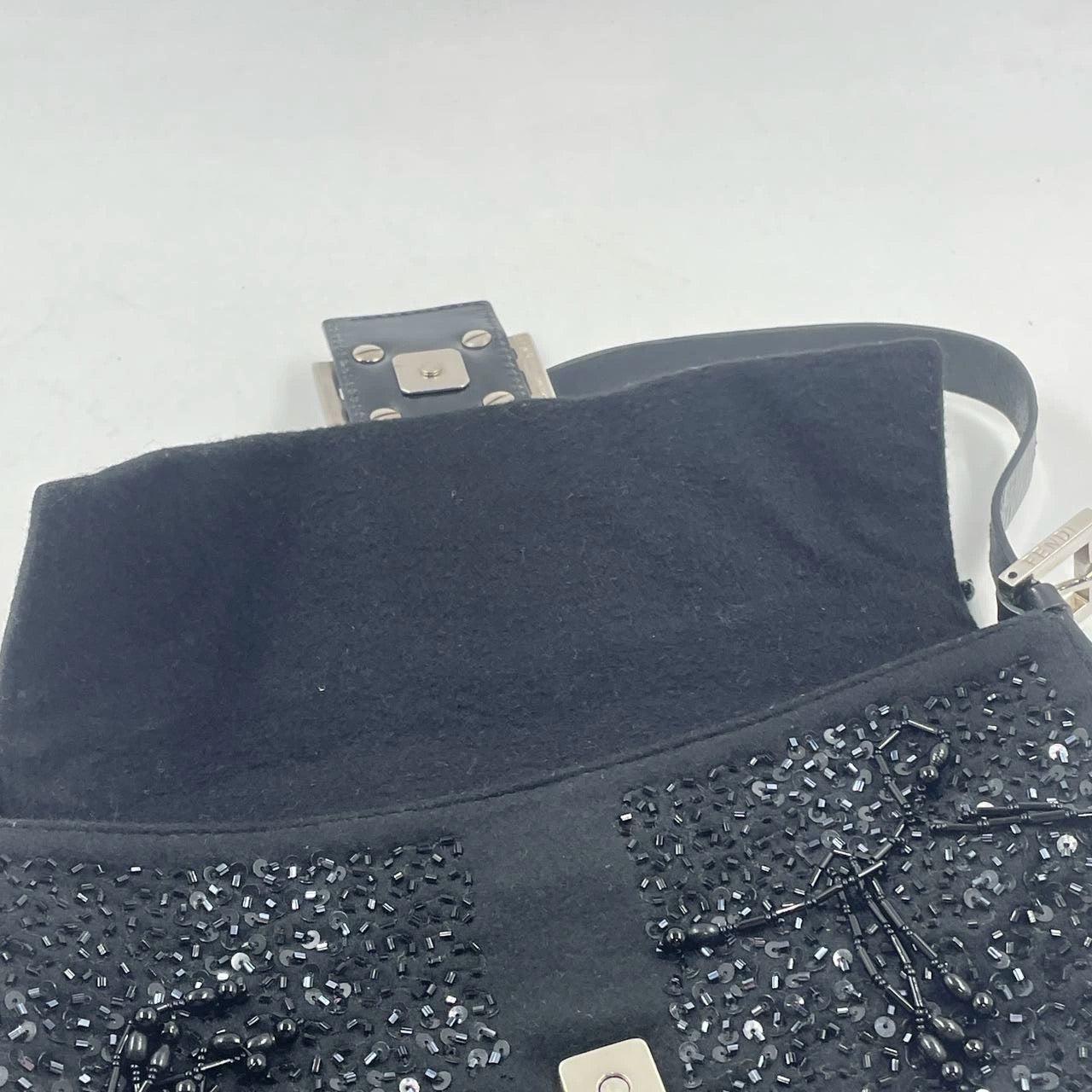 Fendi Baguette Vintage Black Beaded Tussle On Black Shoulder Bag 11