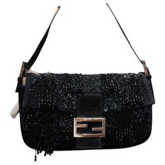 Fendi Baguette Vintage Black Beaded Tussle On Black Shoulder Bag