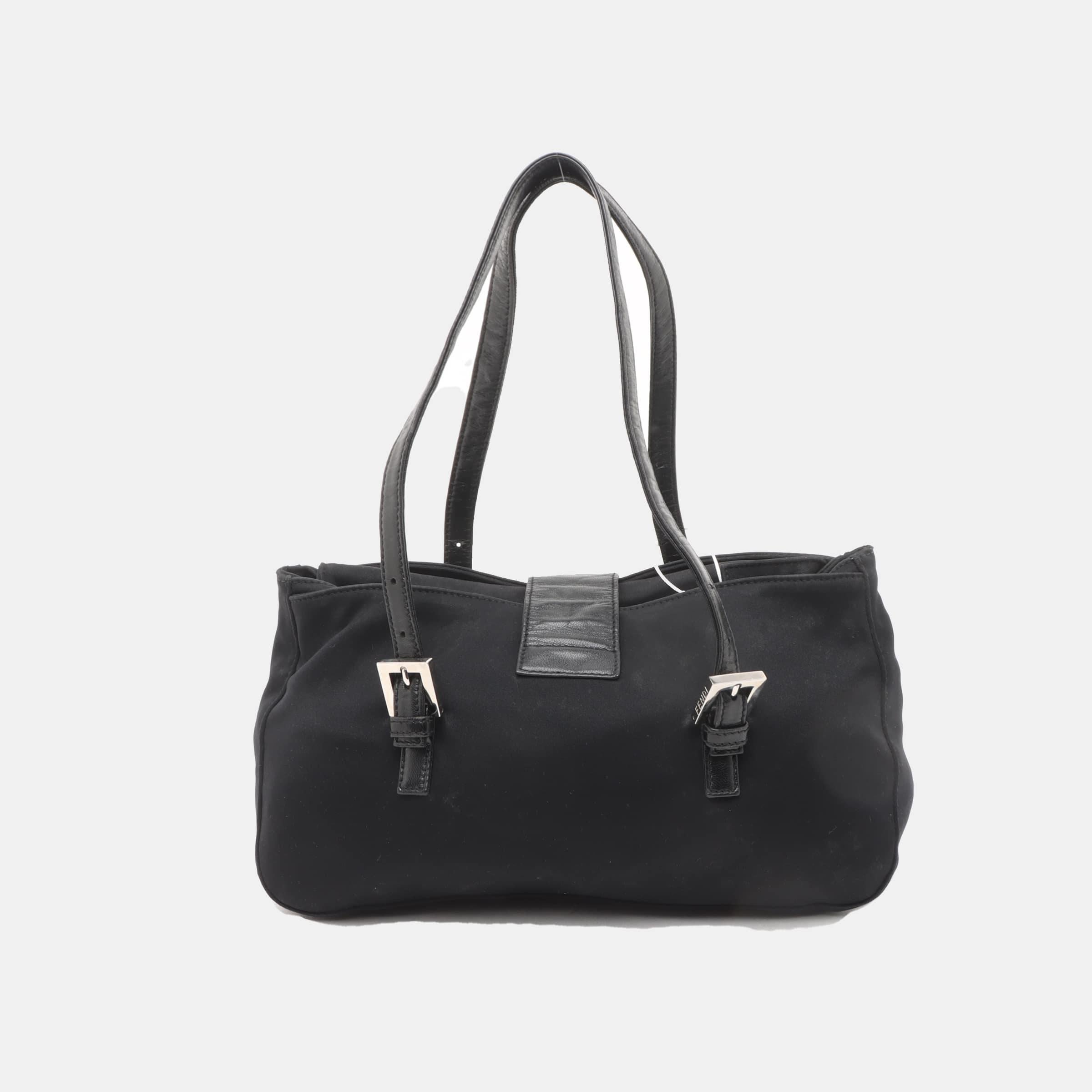 FENDI Baguette Vintage Black Cloth Silver Hardware Double Strap 4