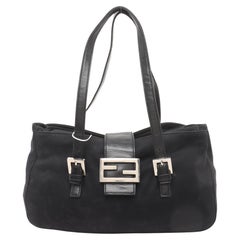 FENDI Baguette Vintage Black Cloth Silver Hardware Double Strap