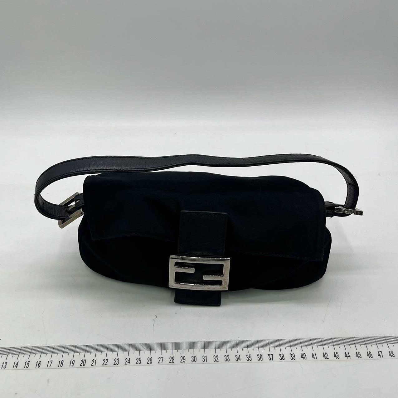 FENDI Baguette Vintage Black Cloth Silver Hardware Shoulder Bag 11