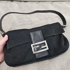 FENDI Baguette Vintage Black Cloth Silver Hardware Shoulder Bag