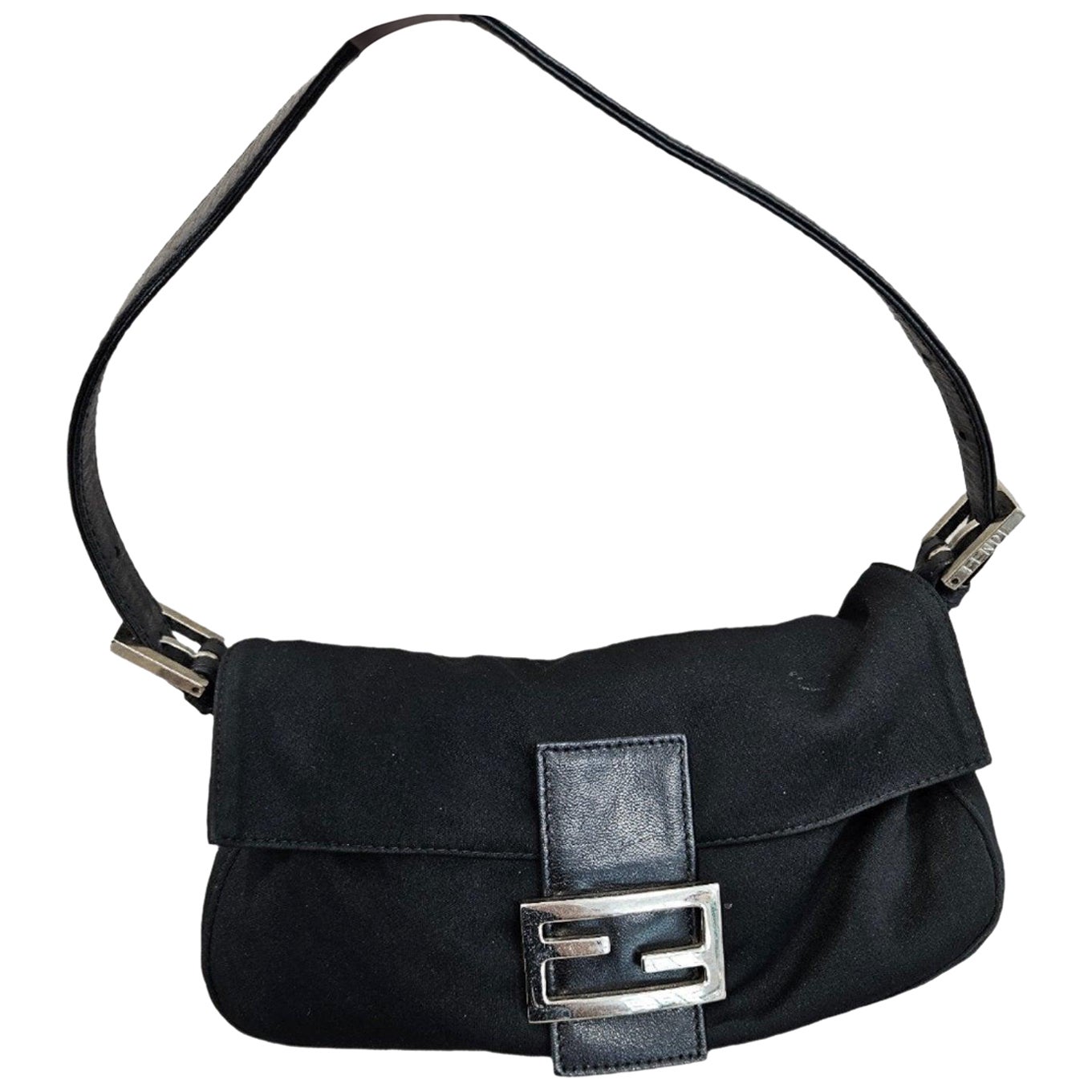FENDI Baguette Vintage Black Cloth Silver Hardware Shoulder Bag
