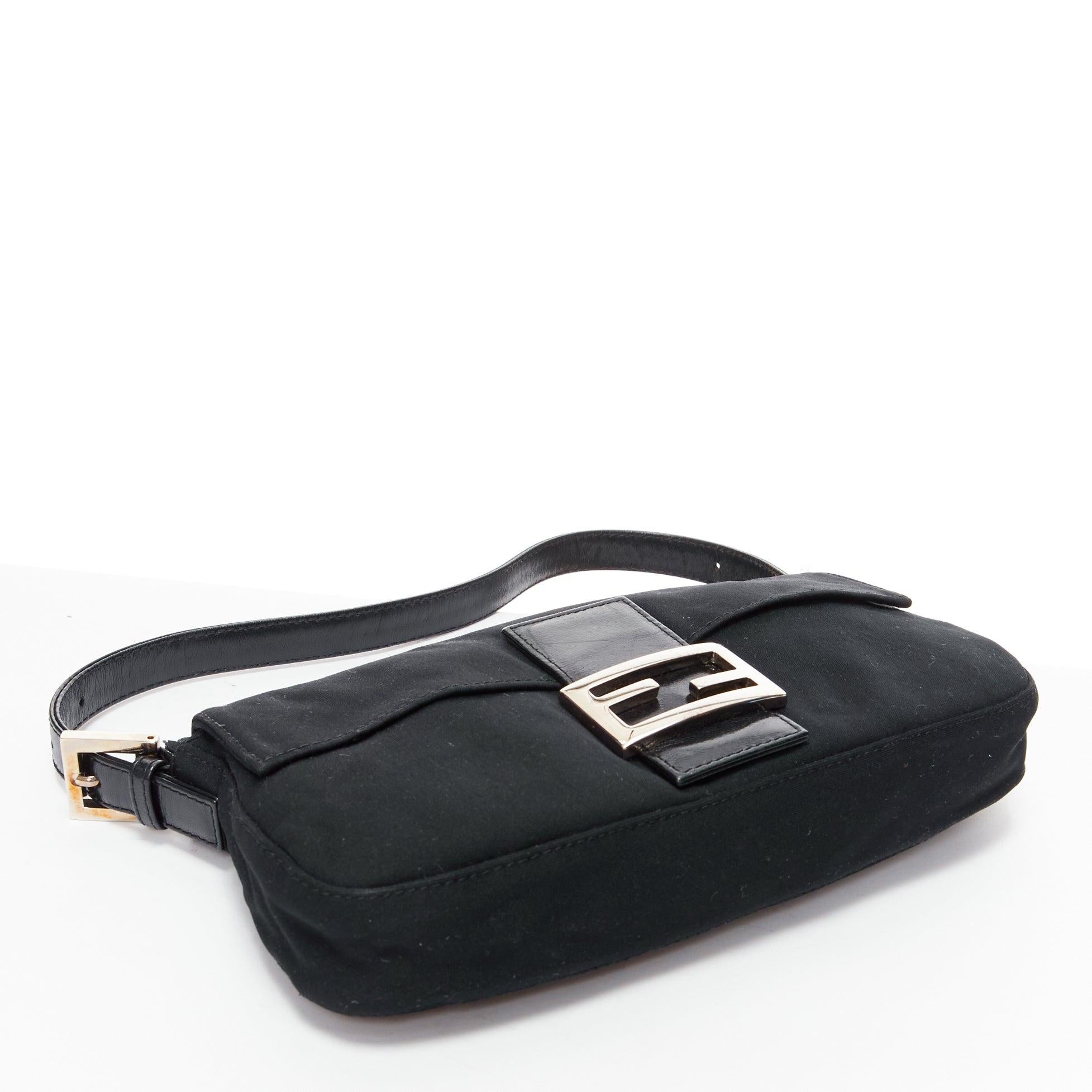 FENDI Baguette Vintage black cotton silver FF logo leather flap shoulder bag For Sale 2
