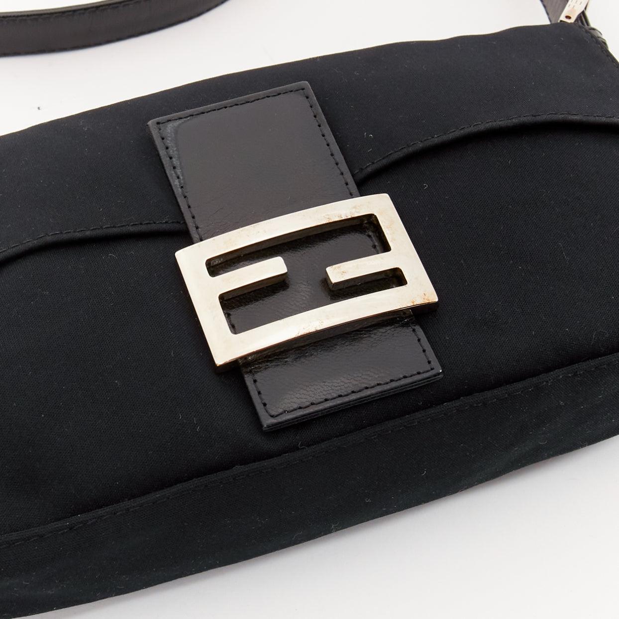 FENDI Baguette Vintage black cotton silver FF logo leather flap shoulder bag 3
