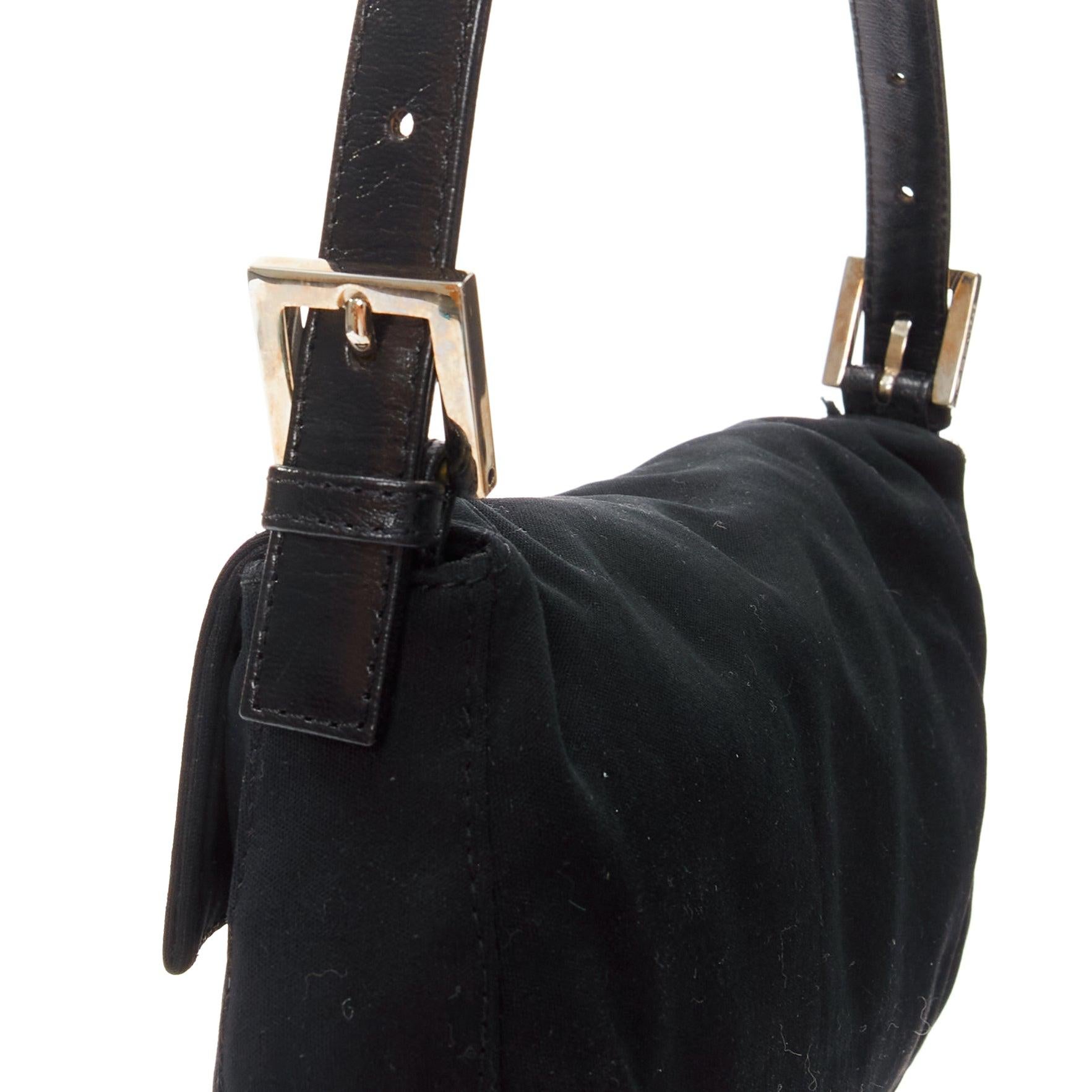 FENDI Baguette Vintage black cotton silver FF logo leather flap shoulder bag 4
