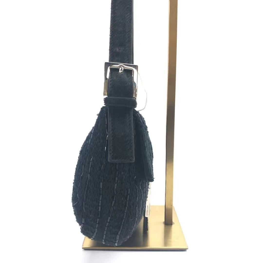 Women's Fendi Baguette Vintage Black Glitter Beads and Cloth Knit Shoulder Bag