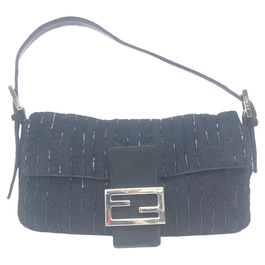 Fendi Baguette Vintage Black Glitter Beads and Cloth Knit Shoulder Bag