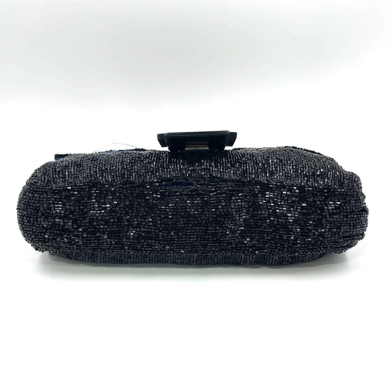 Fendi Baguette Vintage Black Glitter Beads Shoulder Bag Blue Satin Interior For Sale 8