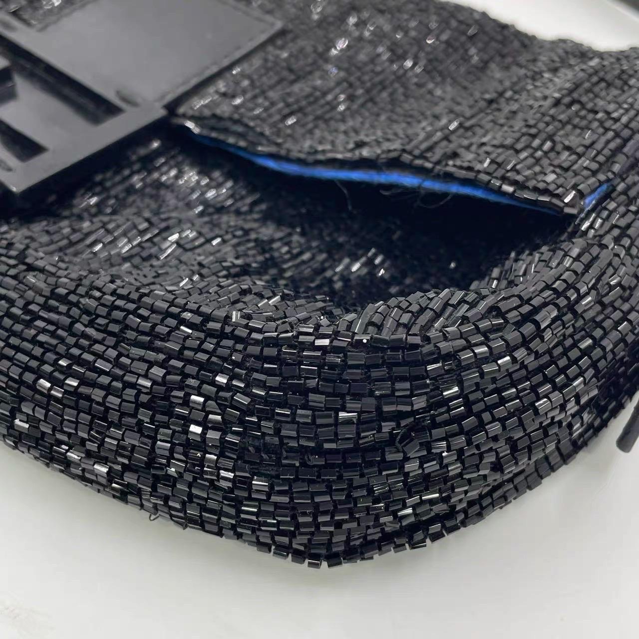 Fendi Baguette Vintage Black Glitter Beads Shoulder Bag Blue Satin Interior For Sale 12