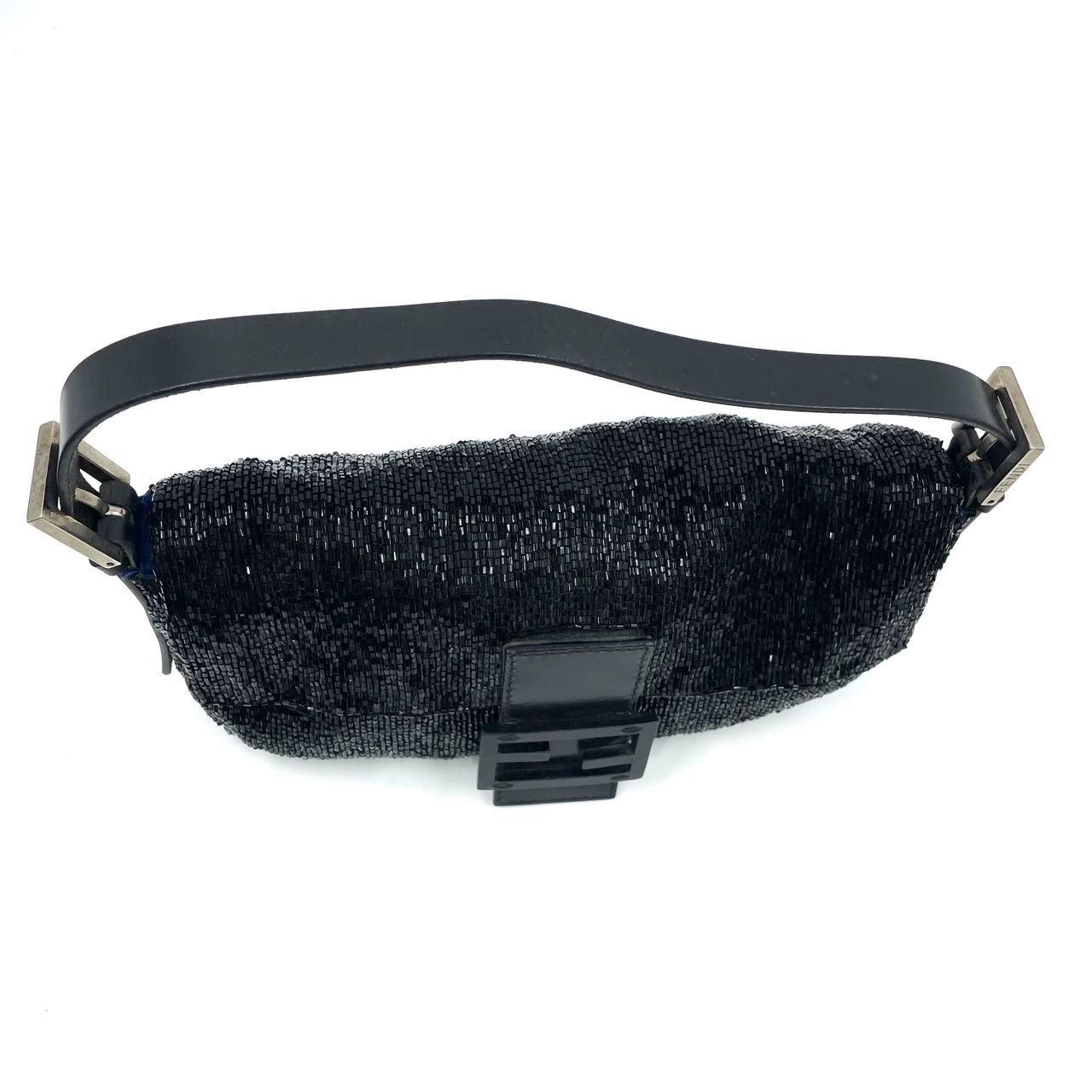 Fendi Baguette Vintage Black Glitter Beads Shoulder Bag Blue Satin Interior For Sale 13