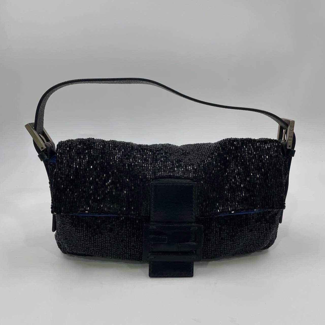 Fendi Baguette Vintage Black Glitter Beads Shoulder Bag Blue Satin Interior For Sale 14
