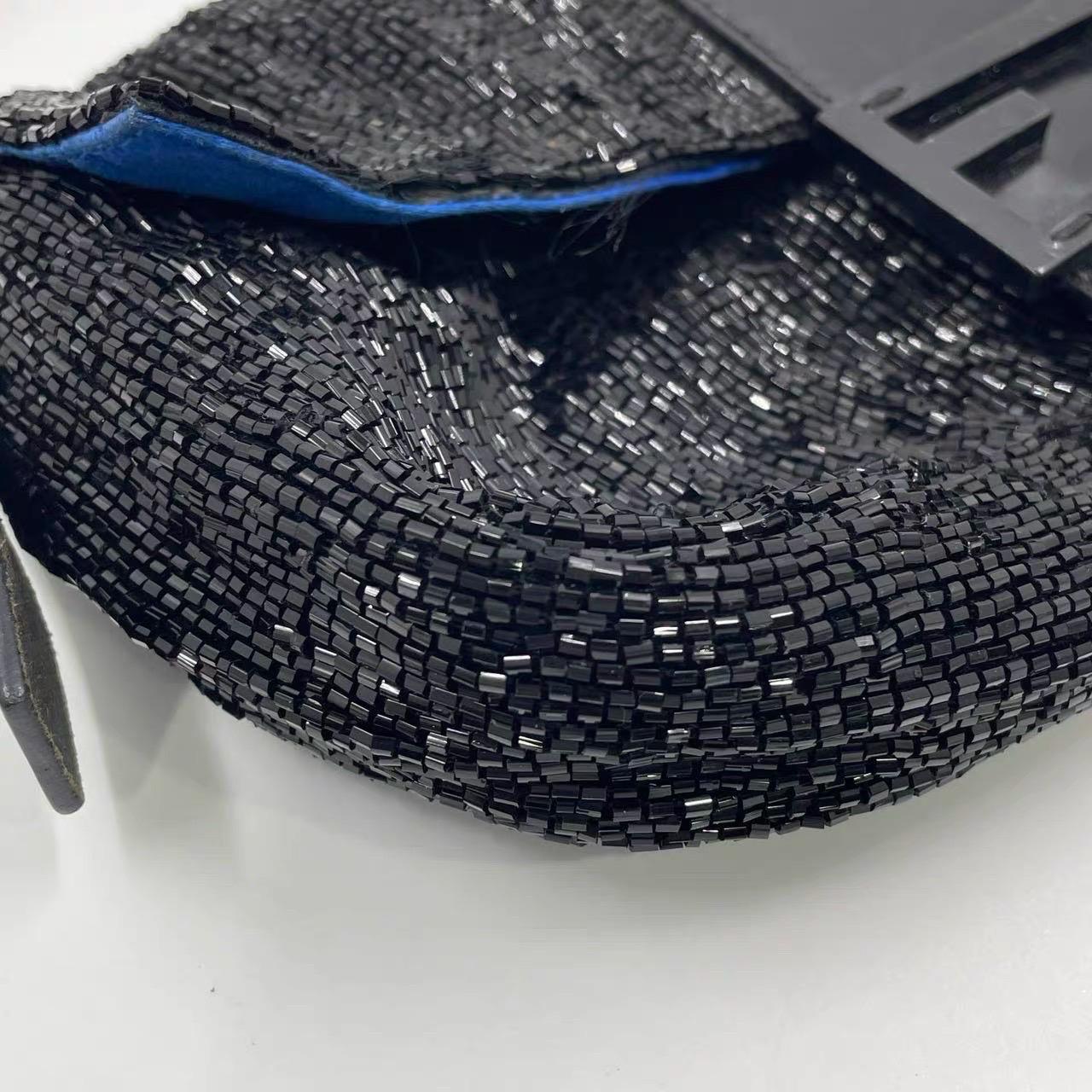 Fendi Baguette Vintage Black Glitter Beads Shoulder Bag Blue Satin Interior For Sale 15